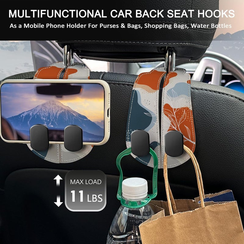 Blusabaca 2PCS Car Seat Back Storage Headrest Hooks, Abstract Leaves Purse Holder Bags Hanger, PU Leather Double Metal Hook for Backseat Organizer, Women Car Accessories Organization - Image 3
